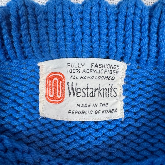 VTG Westarknits Women M Blue Diamond Hand Loomed Knit Sweater Acrylic Nautical - Picture 5 of 10